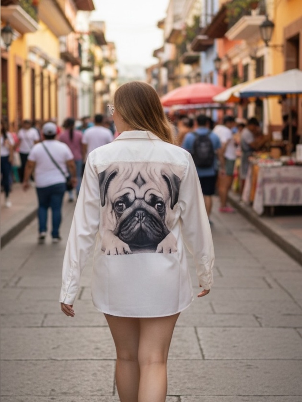 White Dog Print Button-Up Shirt with Pug Design